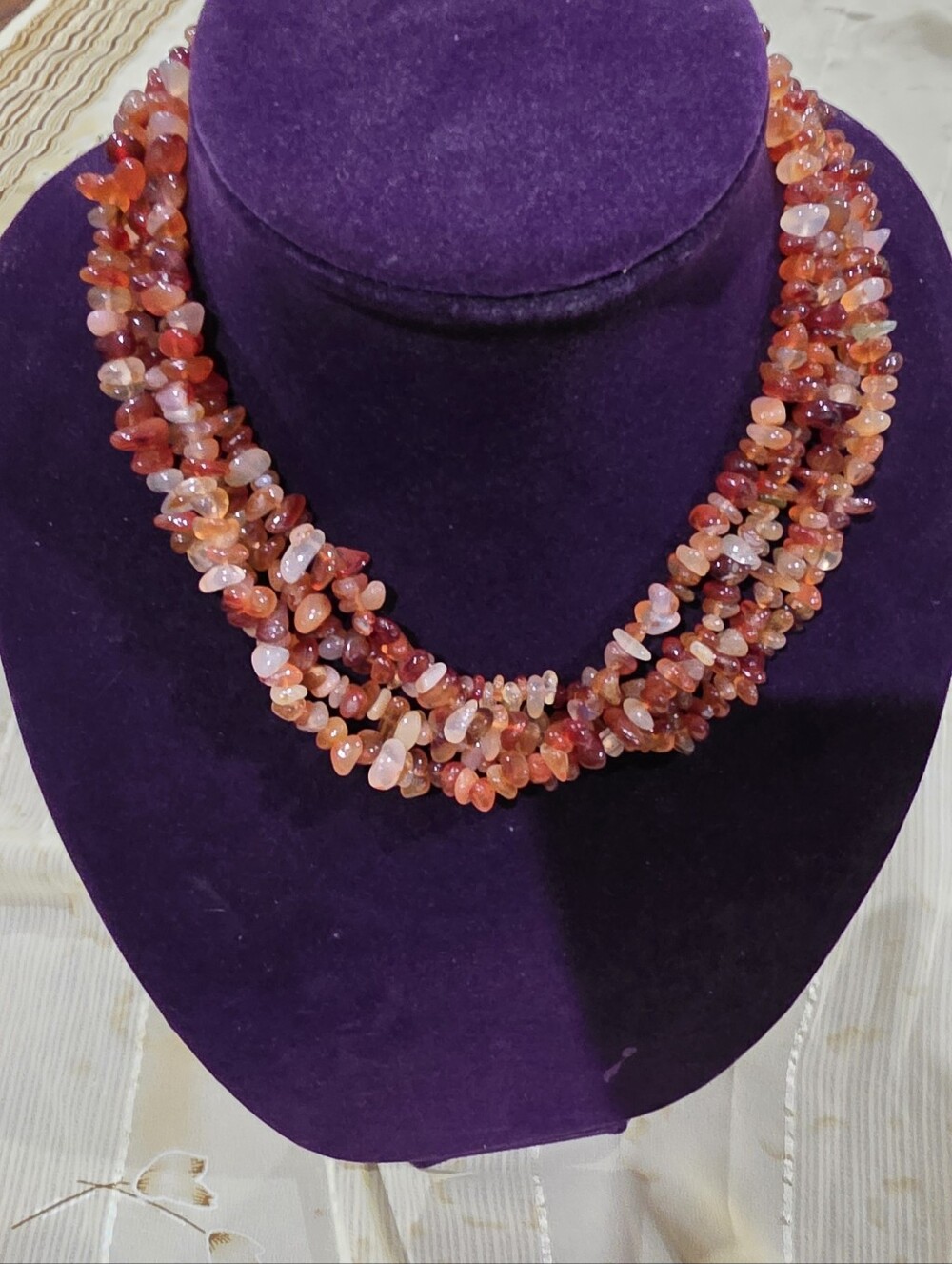 4 Strand Carnelian Gemstone Chip Necklace | Natural Stone Statement Piece